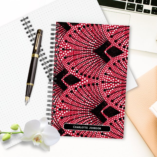 Cuaderno Patrón de pavo real blanco negro rojo de estilo Ar (Art Deco Red Black White Stylish Peacock Pattern Notebook ©Susanne Sachers - Sunny Mind 🌞)