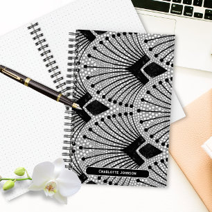 Cuaderno Patrón de pavo real elegante blanco negro gris Art