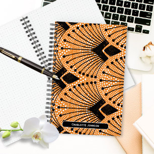 Cuaderno Patrón de pavo real retro Naranja Art Deco