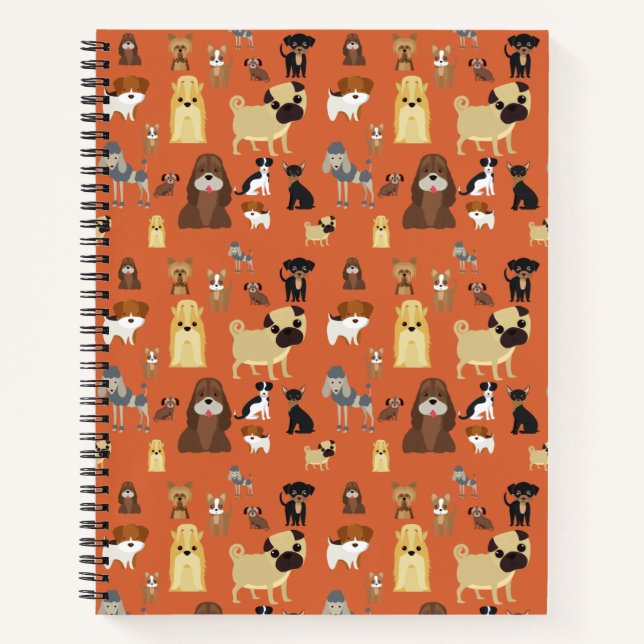 Cuaderno Patrón de perros de fondo naranja. (Anverso)