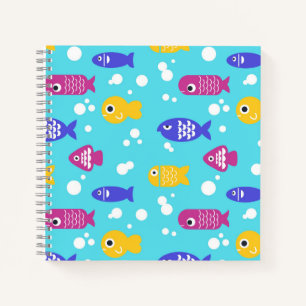 Cuaderno Patrón de pez de dibujos animados azul colorido br