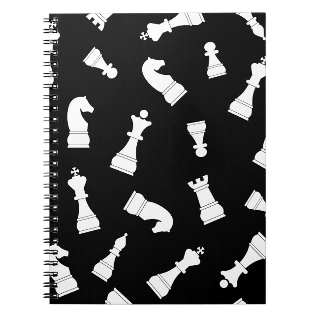 Cuaderno Patrón de piezas de ajedrez en blanco y negro (Frente)