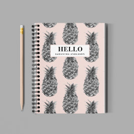 Cuaderno Patrón de piña rosa y gris tropical con nombre