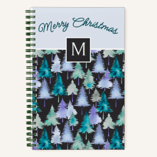 Cuaderno Patrón de pinos festivo azul y verde de Navidad