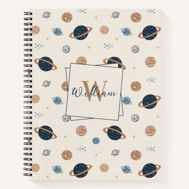 Cuaderno Patrón de planetas espaciales azul de la marina (Anverso)