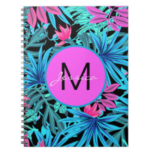 Cuaderno Patrón de planta tropical azul rosa neón personali