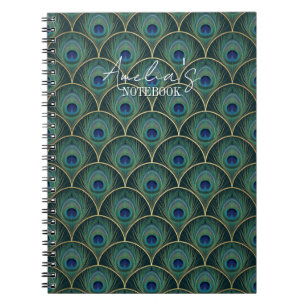 Cuaderno Patrón de pluma de pavo real Art Deco en azul verd