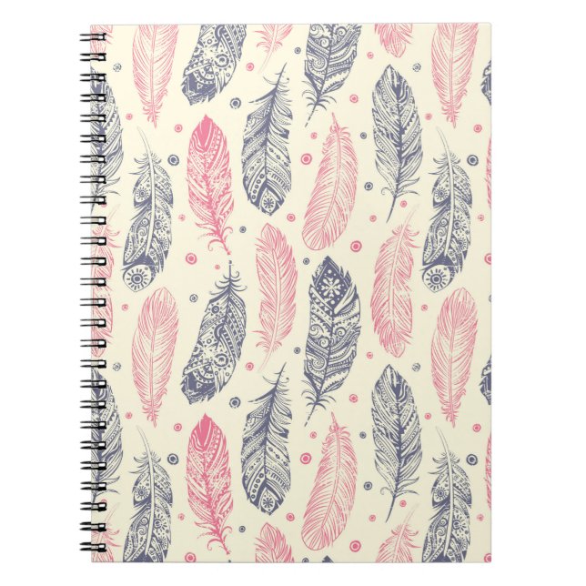 Cuaderno Patrón De Pluma Étnica Rosa Y Púrpura (Frente)