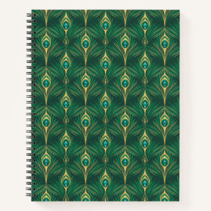 Cuaderno Patrón de Plumas de Pavo Real en Verde Esmeralda y