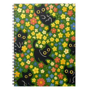 Cuaderno Patrón de prado floral con gatos negros lindos