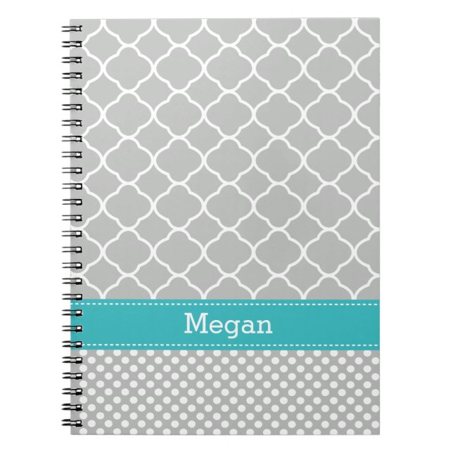 Cuaderno Patrón de puntos de polka Aqua y nombre personaliz (Frente)