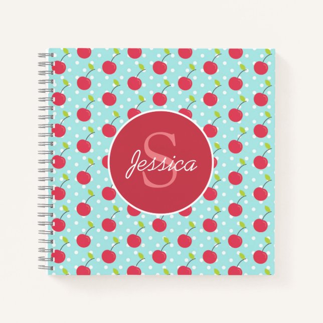 Cuaderno Patrón de puntos de polka azul y cereza personaliz (Anverso)