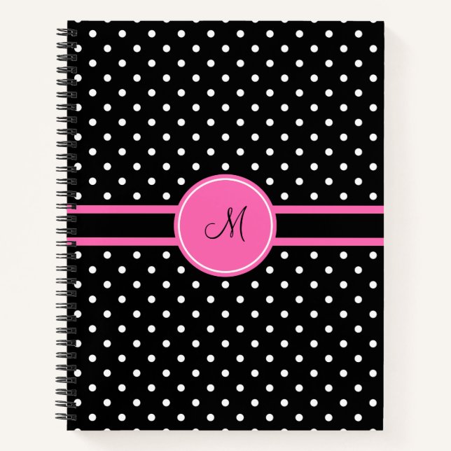 Cuaderno Patrón de puntos de polka blanco y negro monograma (Anverso)