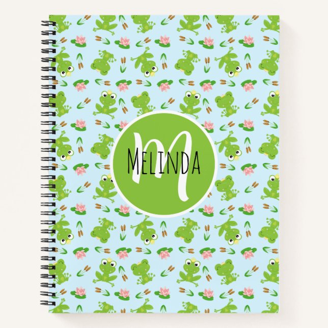 Cuaderno Patrón de ranas lindas sobre azul brillante (Anverso)