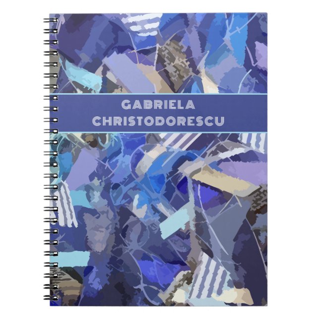 Cuaderno Patrón de rayas abstractas de monograma azul morad (Frente)