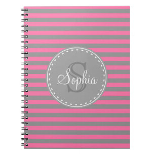Cuaderno Patrón de rayas grises rosadas monogramadas