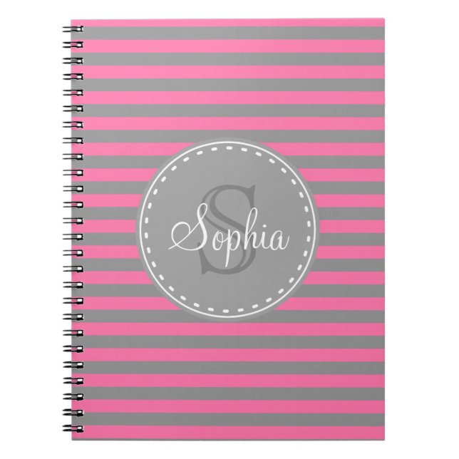 Cuaderno Patrón de rayas grises rosadas monogramadas (Frente)