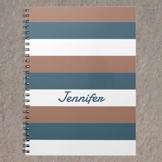Cuaderno Patrón de rayas Personaliza el blanco Verde azulad (A brown, white and teal striped notebook with text you can personalize!)