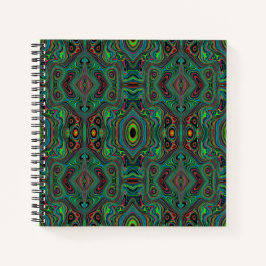 Cuaderno Patrón de resumen trippy retro negro y verde limón