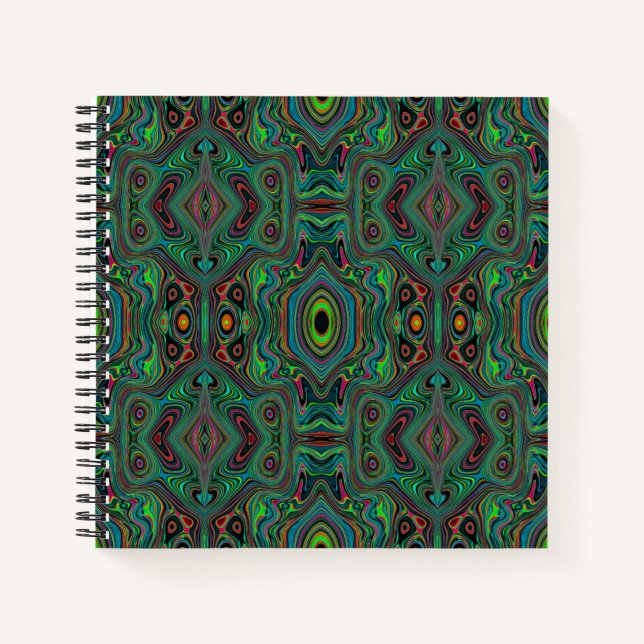 Cuaderno Patrón de resumen trippy retro negro y verde limón (Anverso)