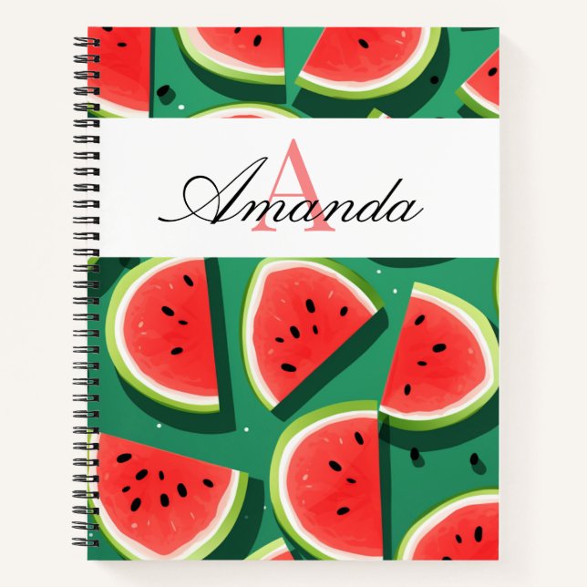Cuaderno Patrón de rodajas de sandía verde vectorial monogr (Anverso)