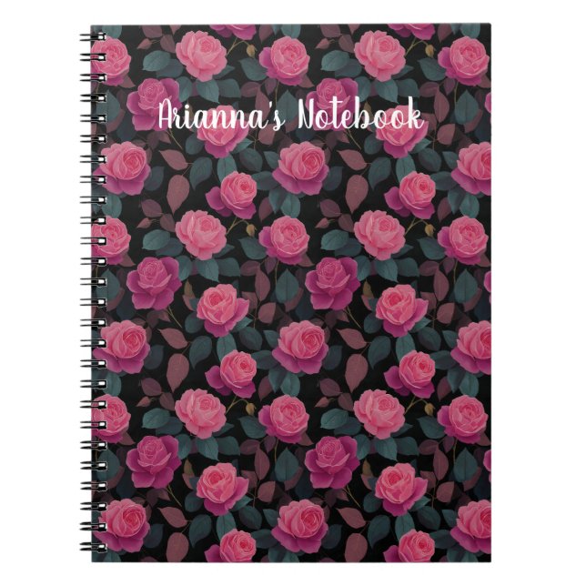 Cuaderno Patrón de rosa floral oscura personalizado (Frente)
