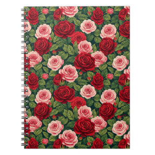 Cuaderno Patrón de rosa vibrante con rosas rojas y rosadas