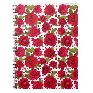 Cuaderno Patrón de rosas florales rojas elegantes y rosadas