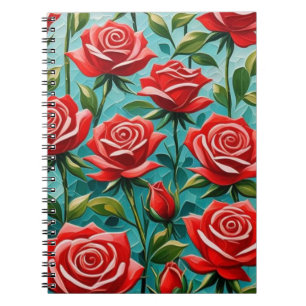 Cuaderno Patrón de rosas rojas en fondo Verde azulado de mo