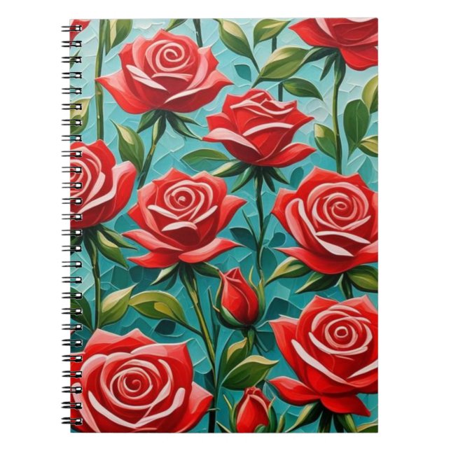 Cuaderno Patrón de rosas rojas en fondo Verde azulado de mo (Frente)