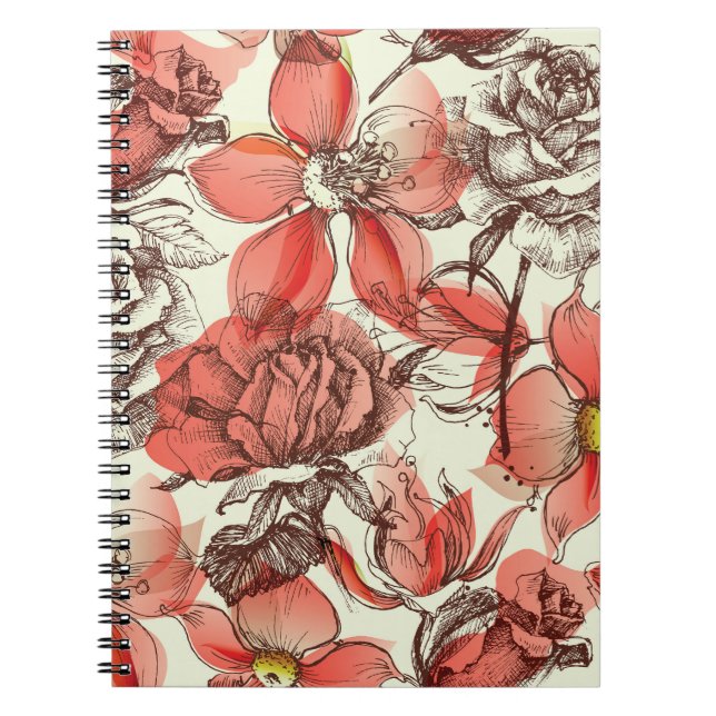 Cuaderno Patrón de rosas rojas estilo retro (Frente)