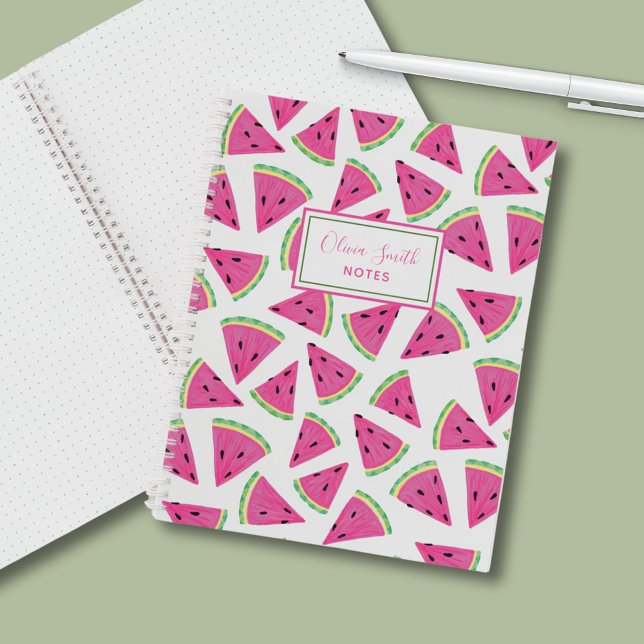 Cuaderno Patrón de sandía de verano rosa personalizado (Pink girly watermelon notebook. Customize with your name & own text. Home office or back to school.)