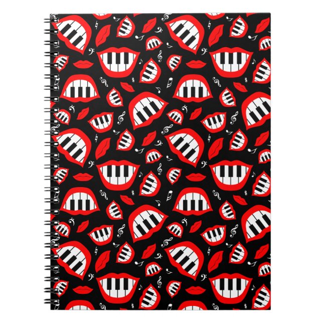 Cuaderno Patrón de sonrisa en piano sobre fondo negro (Frente)