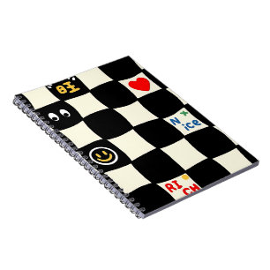 Cuaderno Patrón de tablero de ajedrez ondulado retro con ic