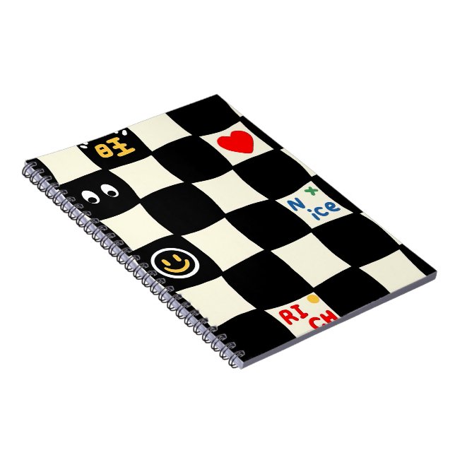 Cuaderno Patrón de tablero de ajedrez ondulado retro con ic (Lado Derecho)