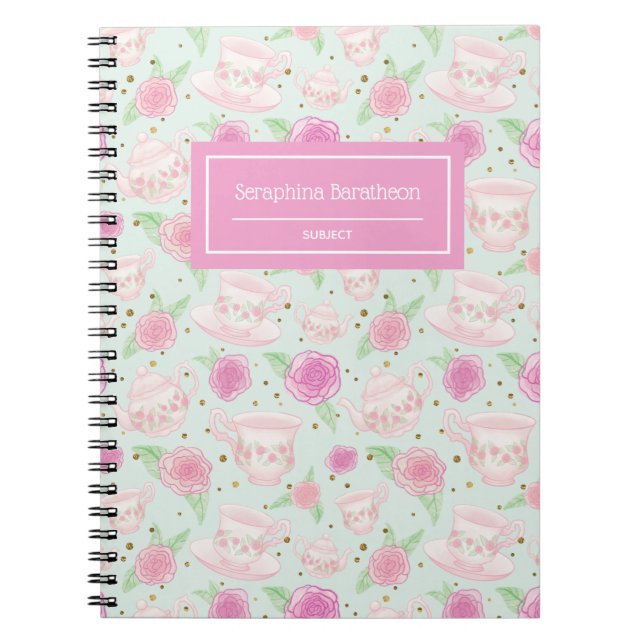 Cuaderno Patrón de té Rosa floral rosa personalizado (Frente)
