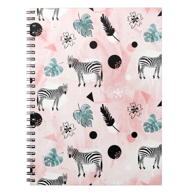 Cuaderno Patrón de Tie-Dye de Cebras con Hojas Tropicales (Frente)