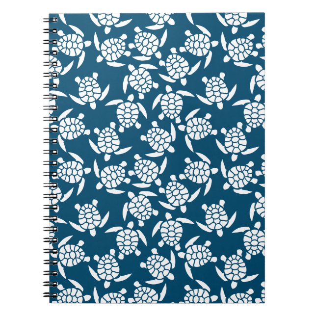 Cuaderno Patrón de tortuga de estilo costero blanco y azul (Frente)
