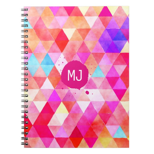 Cuaderno Patrón de triángulo rojo rosado de color monograma (Frente)