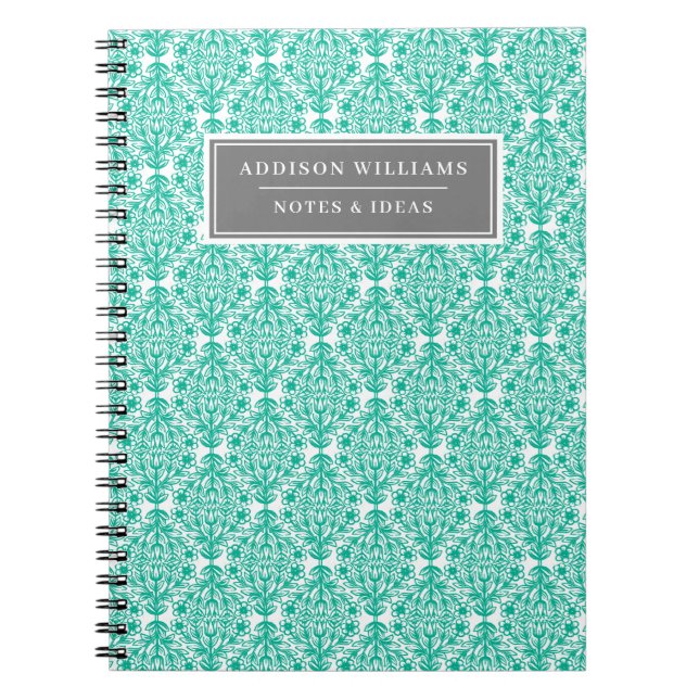Cuaderno Patrón de tulipán de damasco floral azul de nombre (Frente)