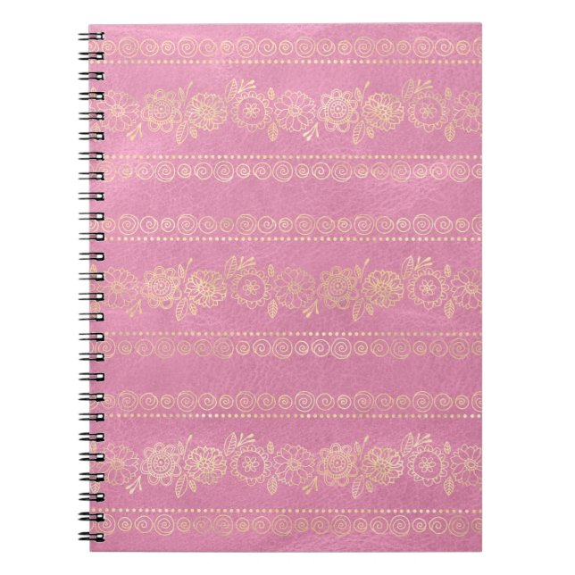 Cuaderno Patrón de unicornio bohemio rosa y dorado (Frente)