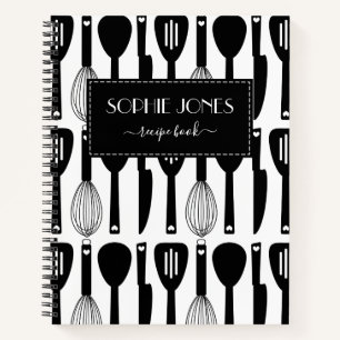Cuaderno Patrón de utensilios de cocina blanco y negro