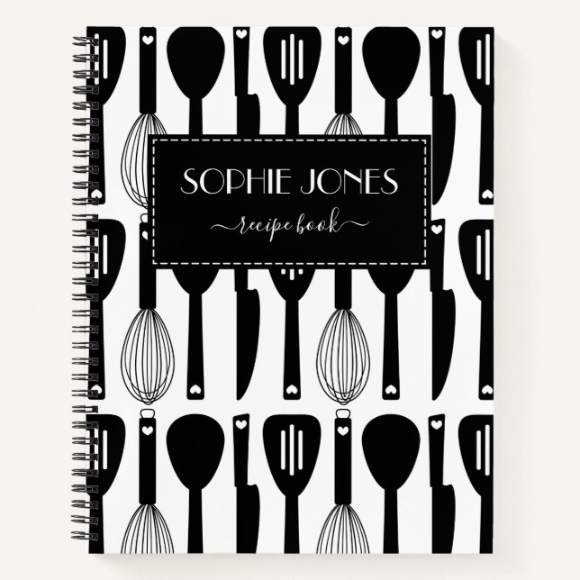 Cuaderno Patrón de utensilios de cocina blanco y negro (Anverso)