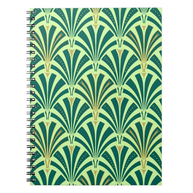Cuaderno Patrón de ventilador Art Deco - verde pino y menta (Frente)