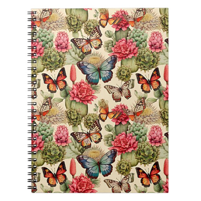 Cuaderno Patrón de verano brillante con mariposas y cactus (Frente)