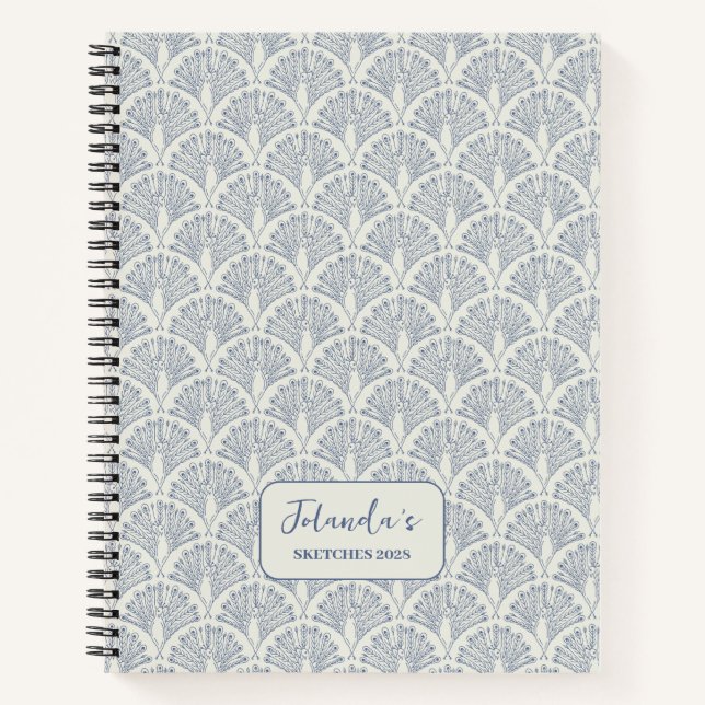 Cuaderno Patrón de vieira de pavo real Blanco azul personal (Anverso)