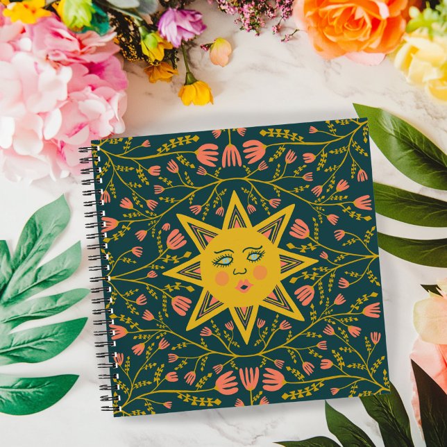 Cuaderno Patrón de vinas de sol y flores (Sun & Flowering Vines Pattern Boho Cute  Spiral  Notebook
)