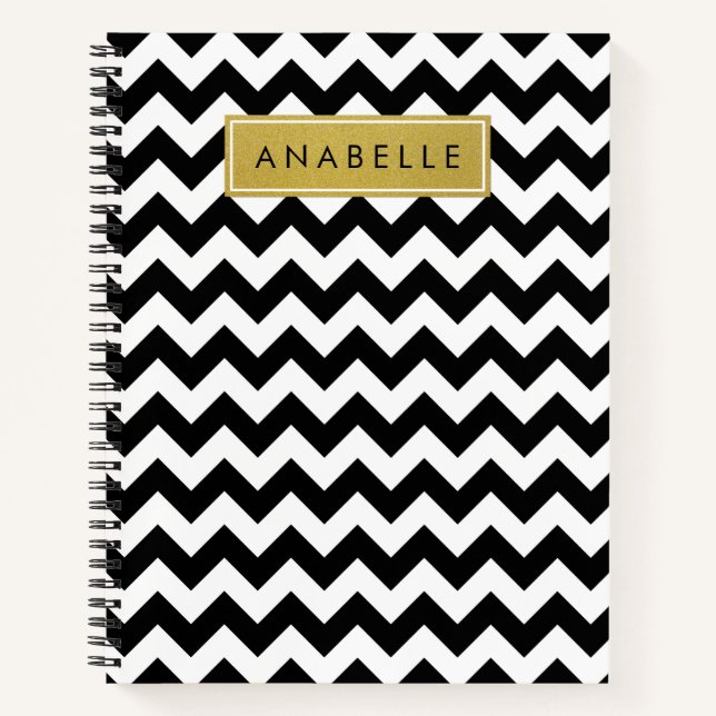 Cuaderno Patrón de zigzag negro y blanco, su nombre (Anverso)