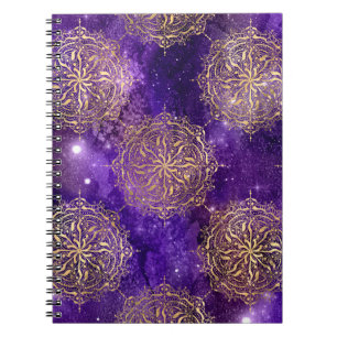 Cuaderno Patrón Dharma Mandala de galaxia dorada y púrpura