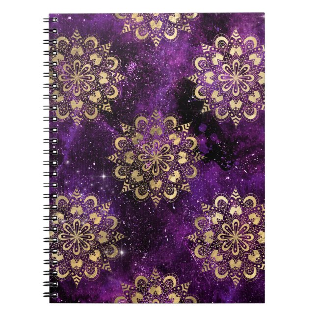 Cuaderno Patrón Dharma Mandala de galaxia dorada y púrpura (Frente)